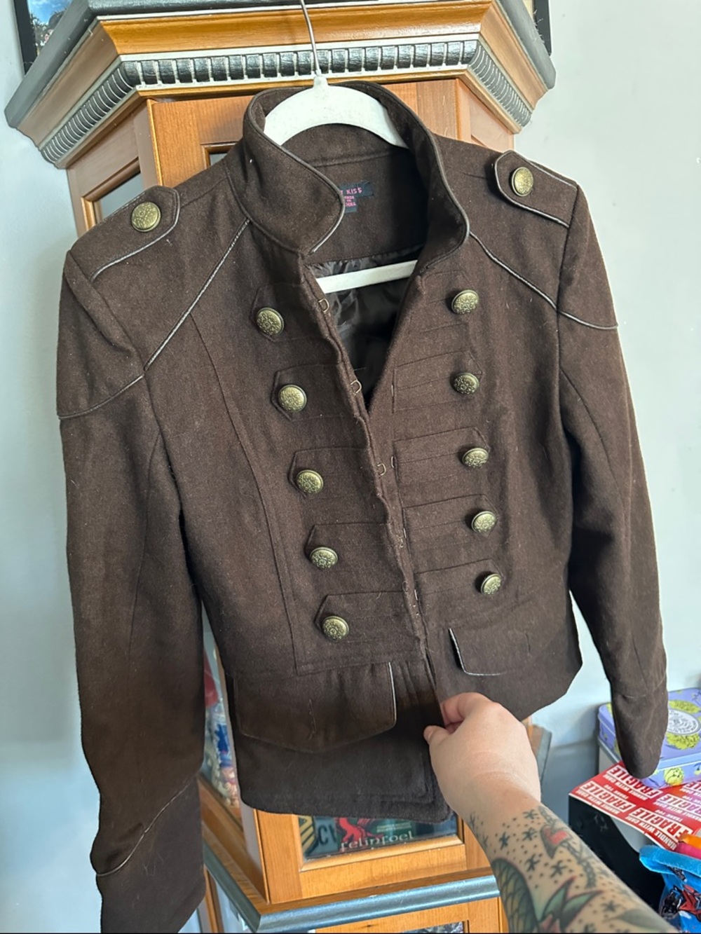 last kiss Dark Brown Military-Style Wool Blend Jacket